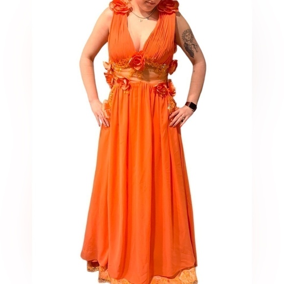 One of a Kind Peach Prom Grad Dress Floral Sequin Detail - Picture 1 of 15